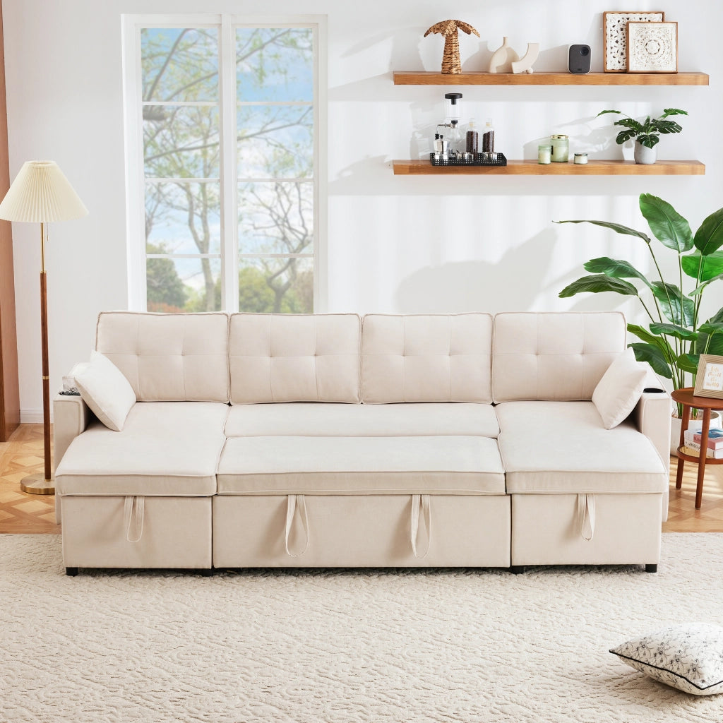 Divano Letto U-Shape con Contenitore e Portabicchieri ¨C Xylo ¨C Tessuto Cotone e Lino