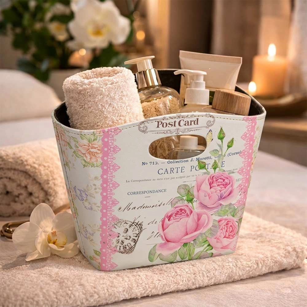 Borsetta Contenitore Flowers con manici fantasia rosa cm 28,5 x 11 x h 23,5