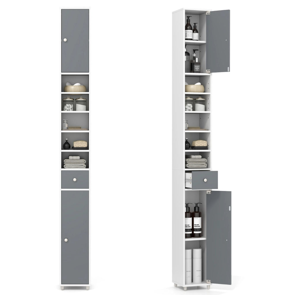 Mobile colonna da bagno con 2 ante 1 cassetto e 5 ripiani regolabili-Colonna bagno da terra salvaspazio Grigio e Bianco