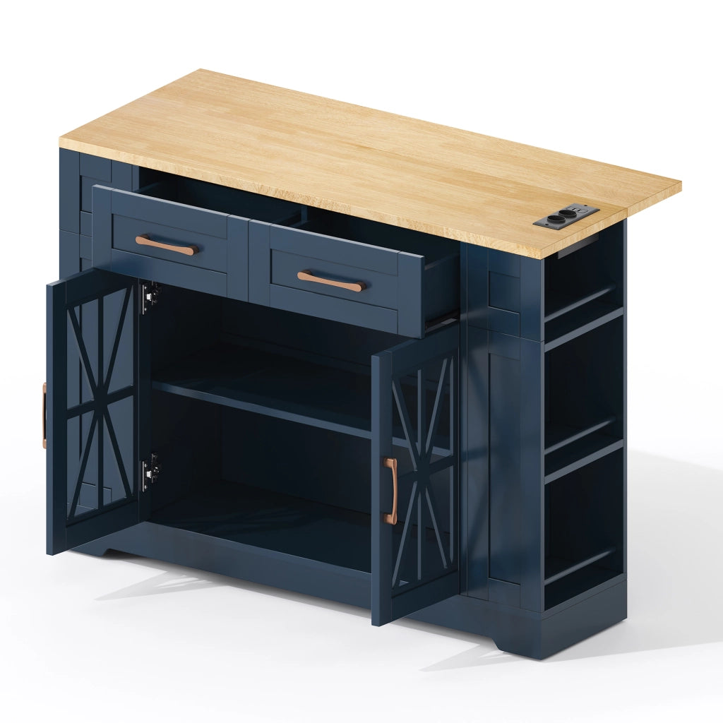 Isola da Cucina Mobile 120x40/65x92 cm Blu e Legno con Piano Ribaltabile, 2 Prese, 2 USB e Ruote