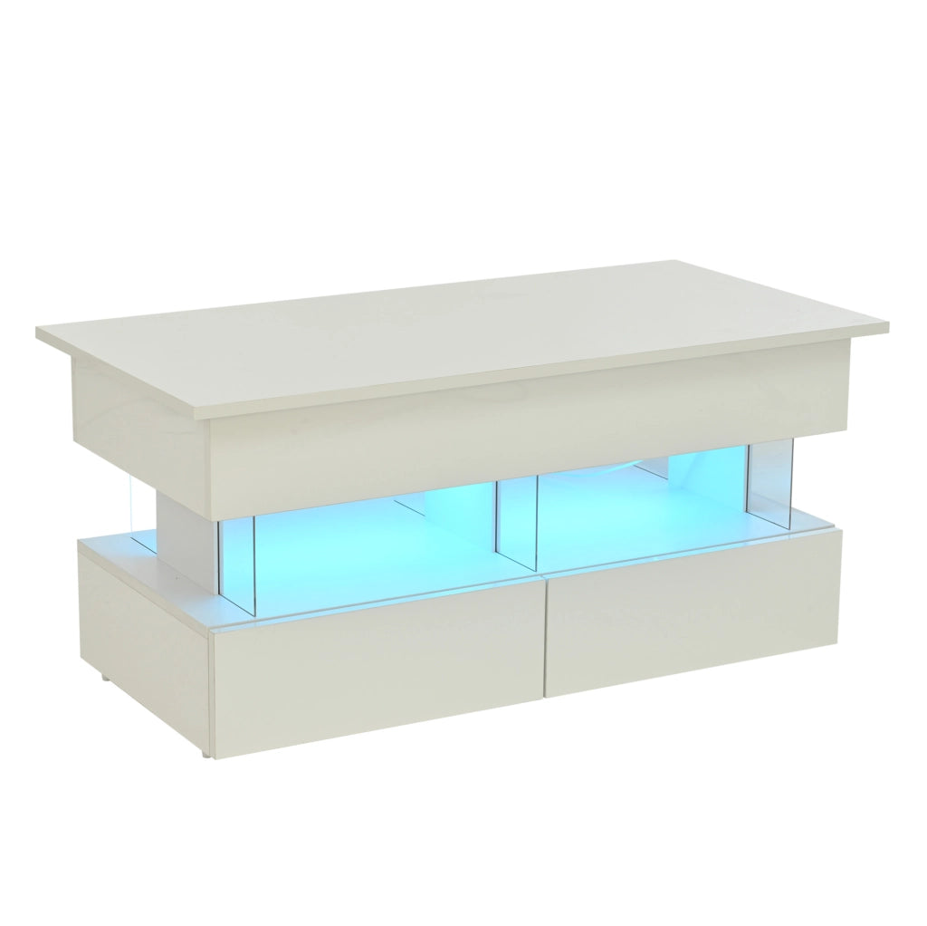 Tavolino da caffè 100 x 50 x 46 cm con piano sollevabile; 2 cassetti; LED; MDF bianco