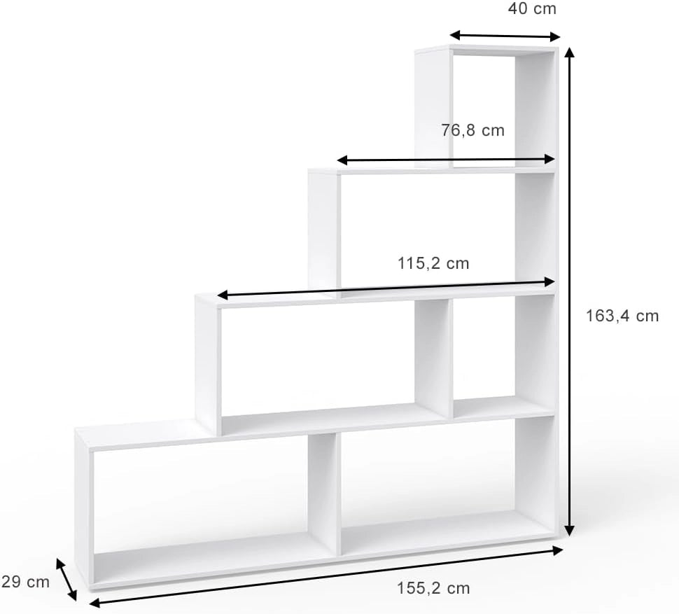 Scaffale per scale, Bianco, 163 x 155 cm, utilizzabile come divisorio con ripiani aperti