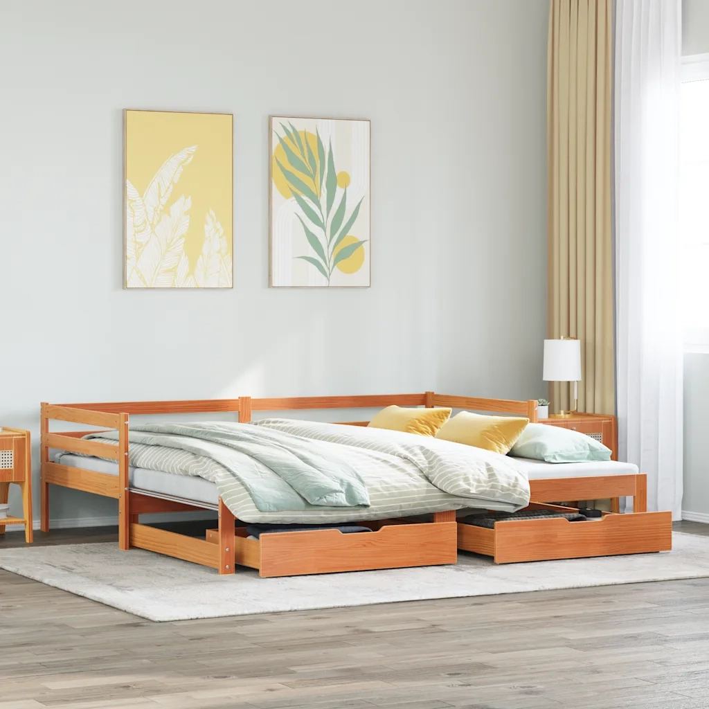 Letto singolo | Letto per adulti | Dormeuse Letto Estraibile e Cassetti Marrone Cera 90x200cm Pino