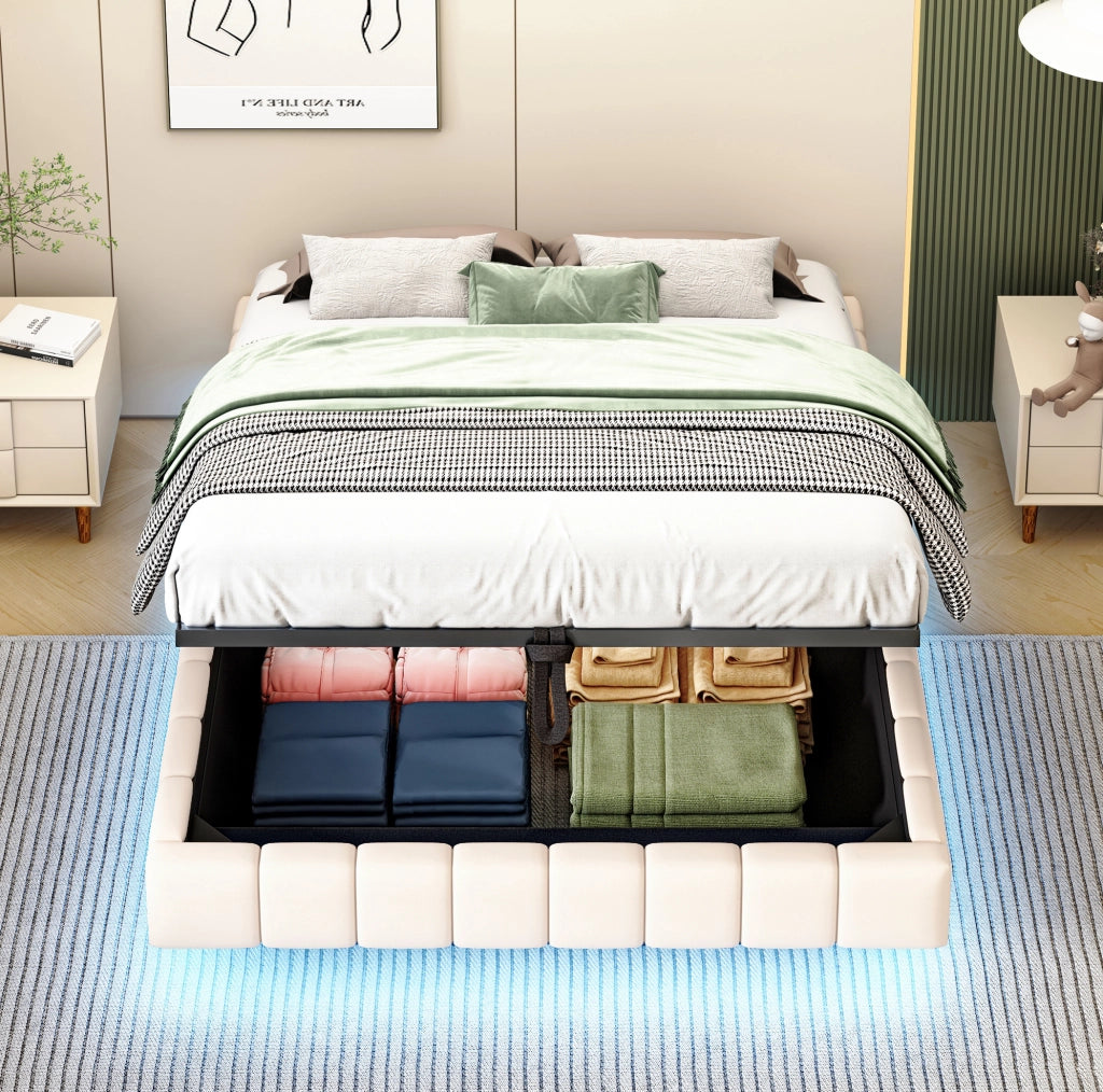 Letto matrimoniale imbottito flottante 140x200 cm con contenitore; LED; beige