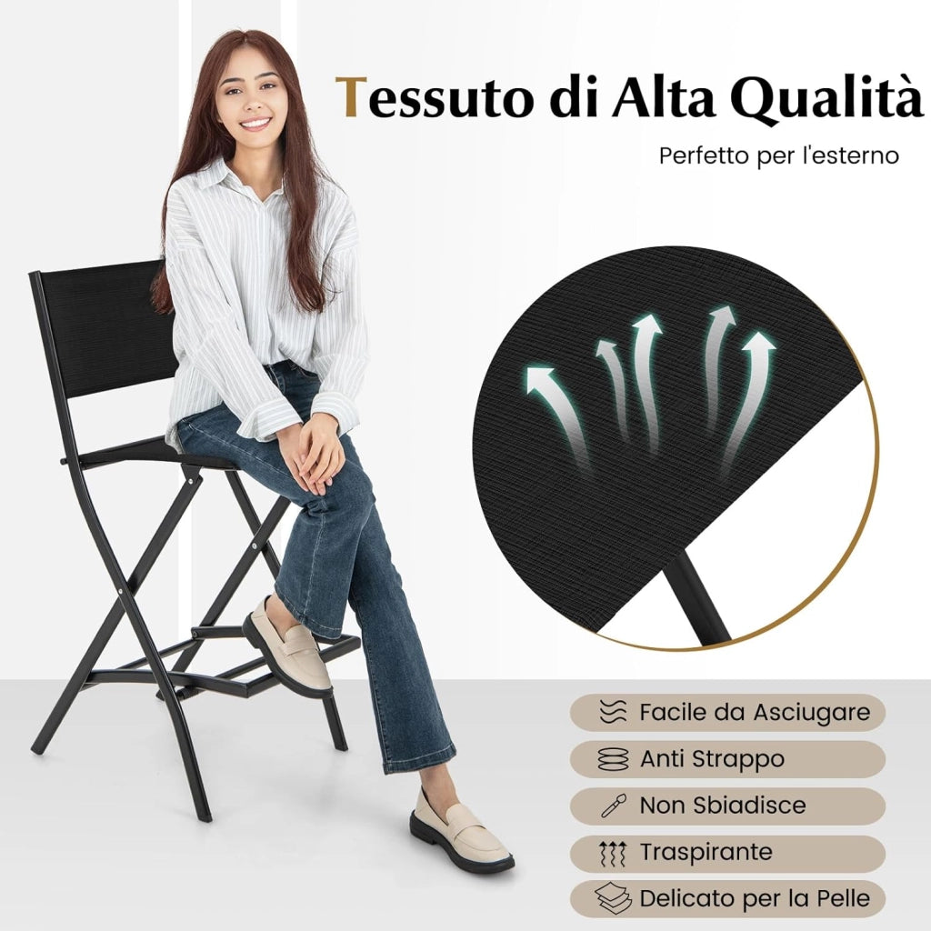 Set di Sgabelli da Bar 2 Pezzi, Sedie Alte e Pieghevoli con Telaio in Metallo e Poggiapiedi, Sedie da Bar per Balcone, Giardino e Piscina (Nero)