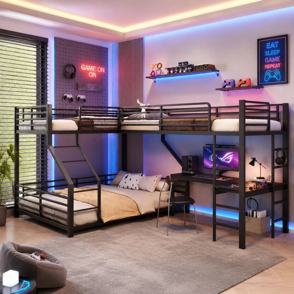 Letto a soppalco a 3 posti 90 × 200 cm et 140 × 200 cm con scrivania, presa USB e Type-C, senza materasso, nero