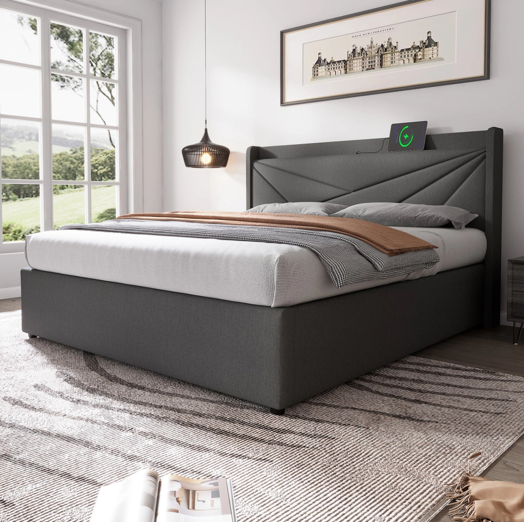 Letto matrimoniale imbottito 140x200 cm grigio con contenitore; USB e Type-C; struttura in metallo e cotone lino