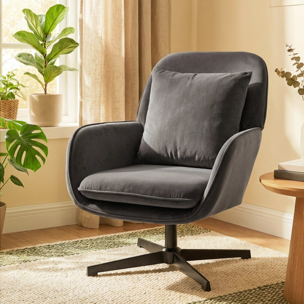 Poltrona imbottita in velluto con struttura in metallo e cuscino ¨C zephmum ¨C grigio scuro