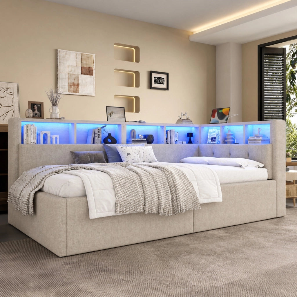 Daybed 90x200 cm Beige con LED, USB-C, Vani Portaoggetti e Sollevamento Idraulico