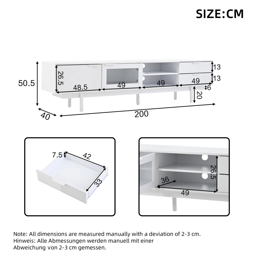Mobile TV ULEVR 200x40x50,5 cm con 2 ante, 2 cassetti e ripiani semiaperti, bianco