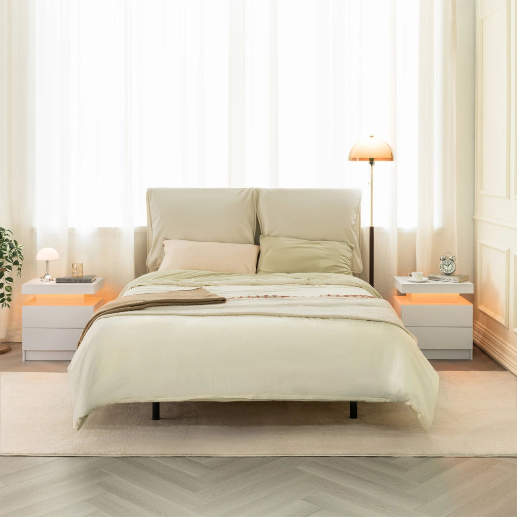 Comodino con 2 cassetti e LED regolabile per camera da letto e soggiorno; in legno ingegnerizzato; bianco