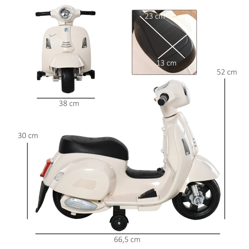 Moto elettrica VESPA per bambini, 18-36 mesi, 3 km/h, luci e suoni a LED, plastica PP e metallo, bianca, 66,5x38x52 cm
