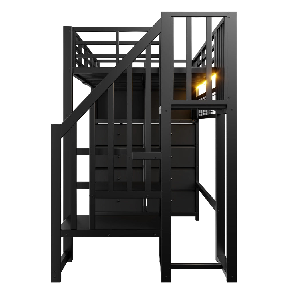 Letto a soppalco 90x200 cm con 8 cassetti e LED in MDF e metallo nero