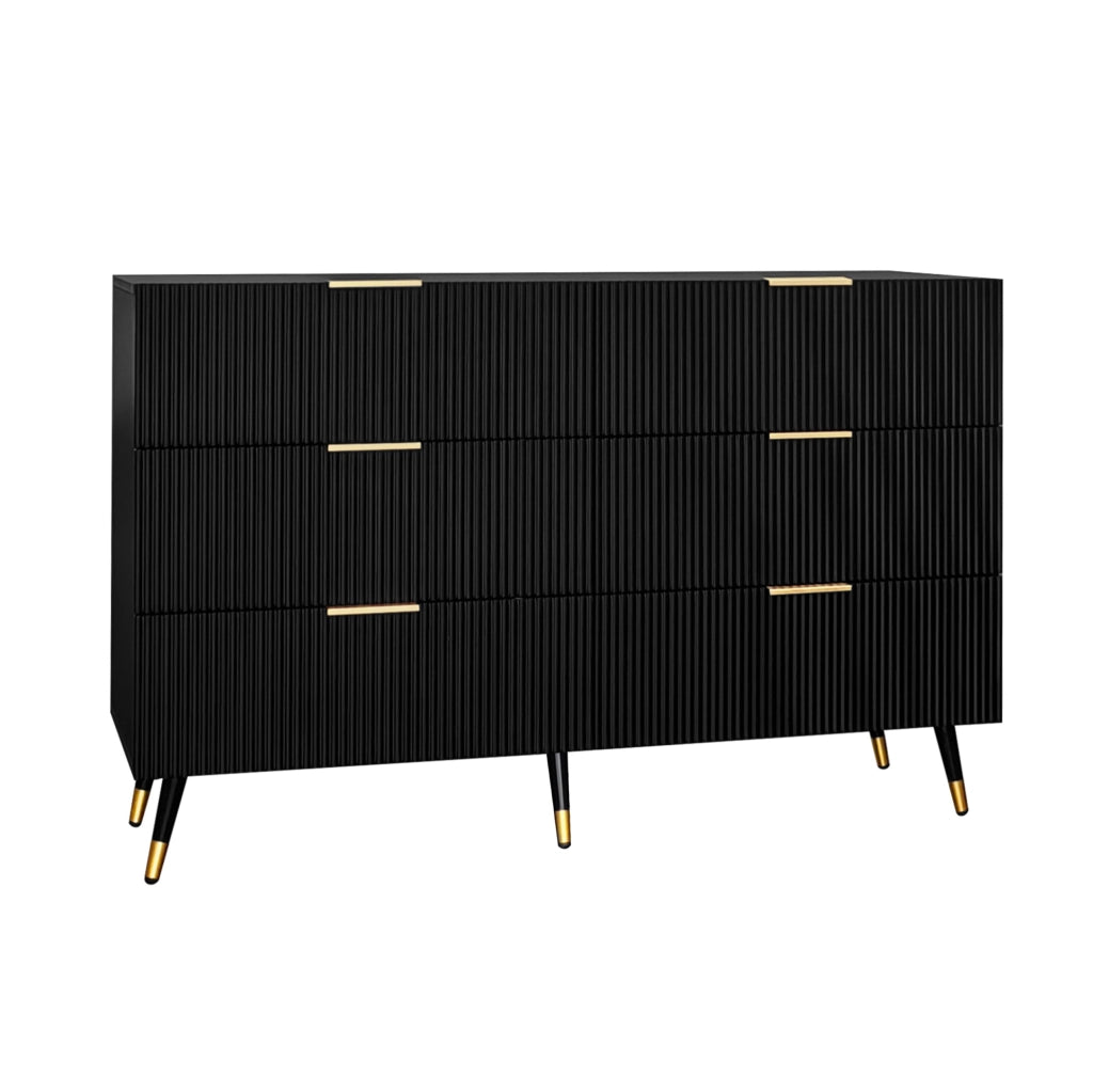 Sideboard in legno nero con finiture oro, 120x77x40 cm, 6 cassetti, design moderno