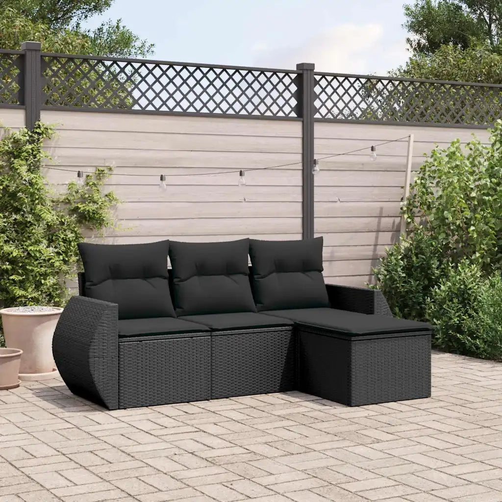 Set Divani da Giardino 4 pz | Set Salotto da Giardino con Cuscini Nero in Polyrattan