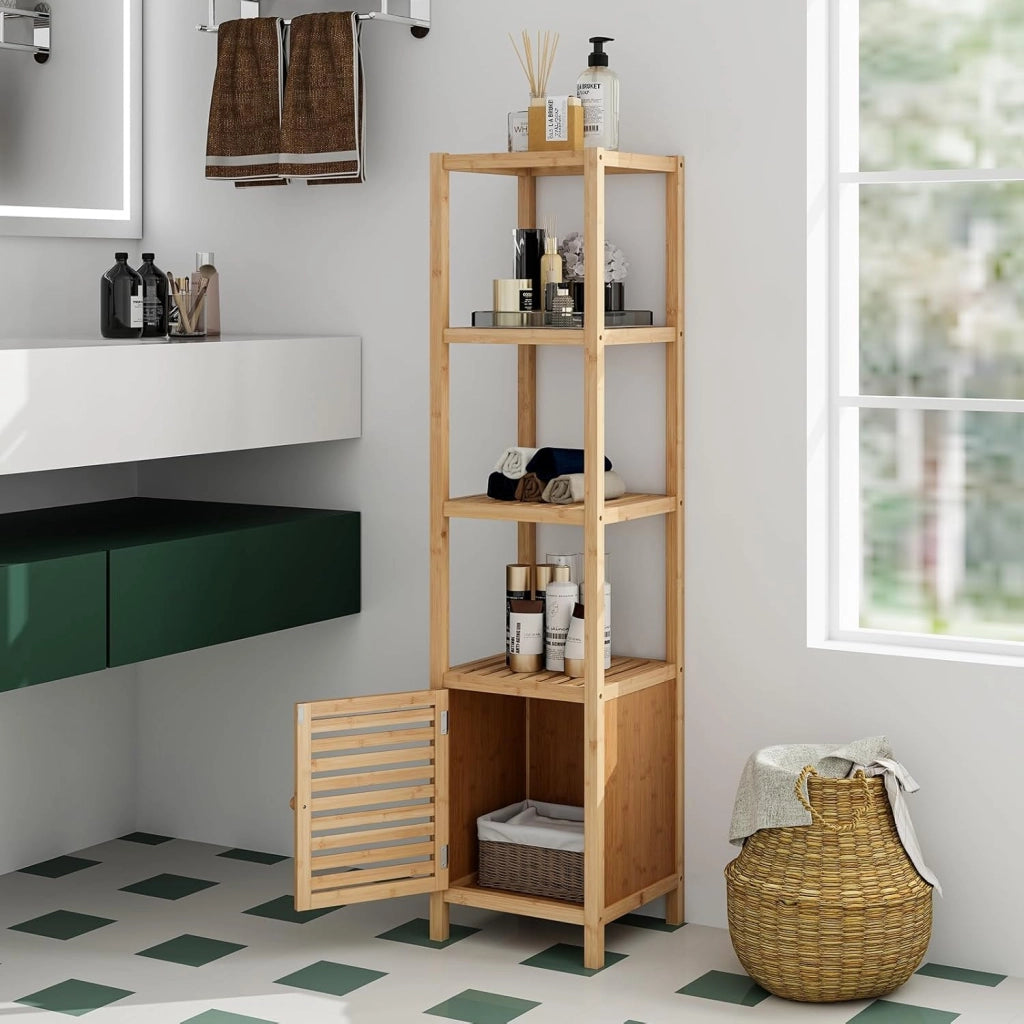 Armadio da Pavimento in Bambù, Armadietto Organizzatore Autoportante da 140 cm con Porta a Persiana e Ripiani Aperti, Torre Sottile per Bagno, Soggiorno, Cucina
