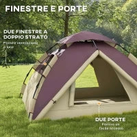 Tenda da Campeggio 2 Posti con 2 Finestre e Gancio, in Poliestere e Fibra di Vetro, 225x190x130 cm, Cachi