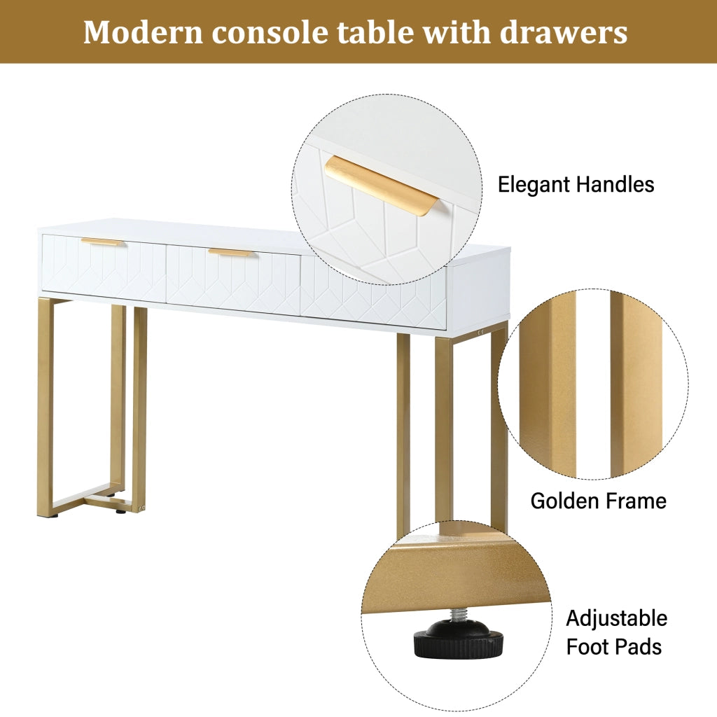 Consolle con 2 cassetti e motivi geometrici, struttura in MDF, per soggiorno e ingresso, bianco e oro