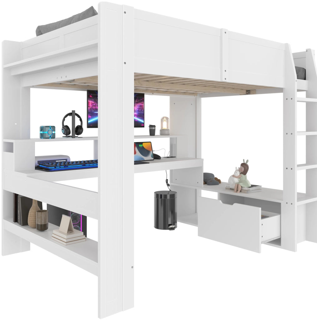Letto a soppalco 140x200 cm con scrivania; LED e cassetto in pino; bianco