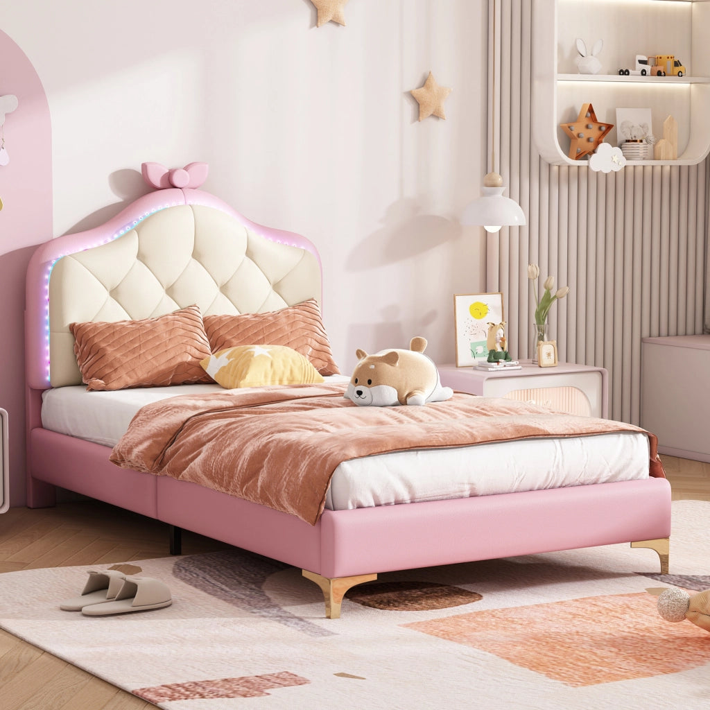 Letto imbottito 90x200 cm con LED e fiocco in PU bianco e rosa