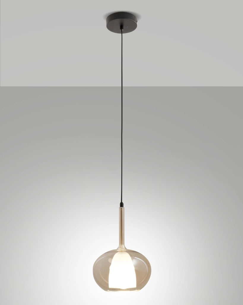 Lampada a Sospensione Edolo Ø22cm in Vetro Borosilicato Ambra e Metallo, Attacco E27 40W, Classe 1, Design Moderno - Linea Edolo