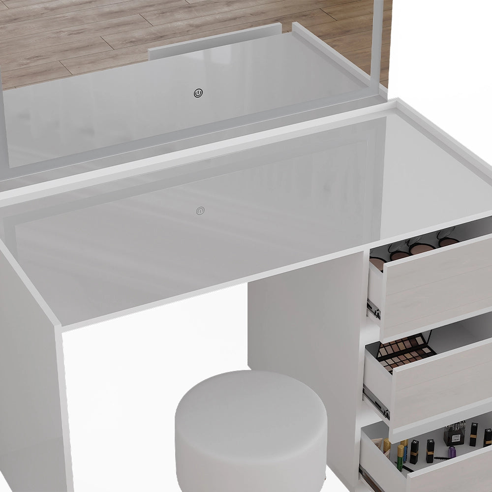 Vicco Tavolo da toilette Bianco lucido 120 cm con specchio LED e sgabello