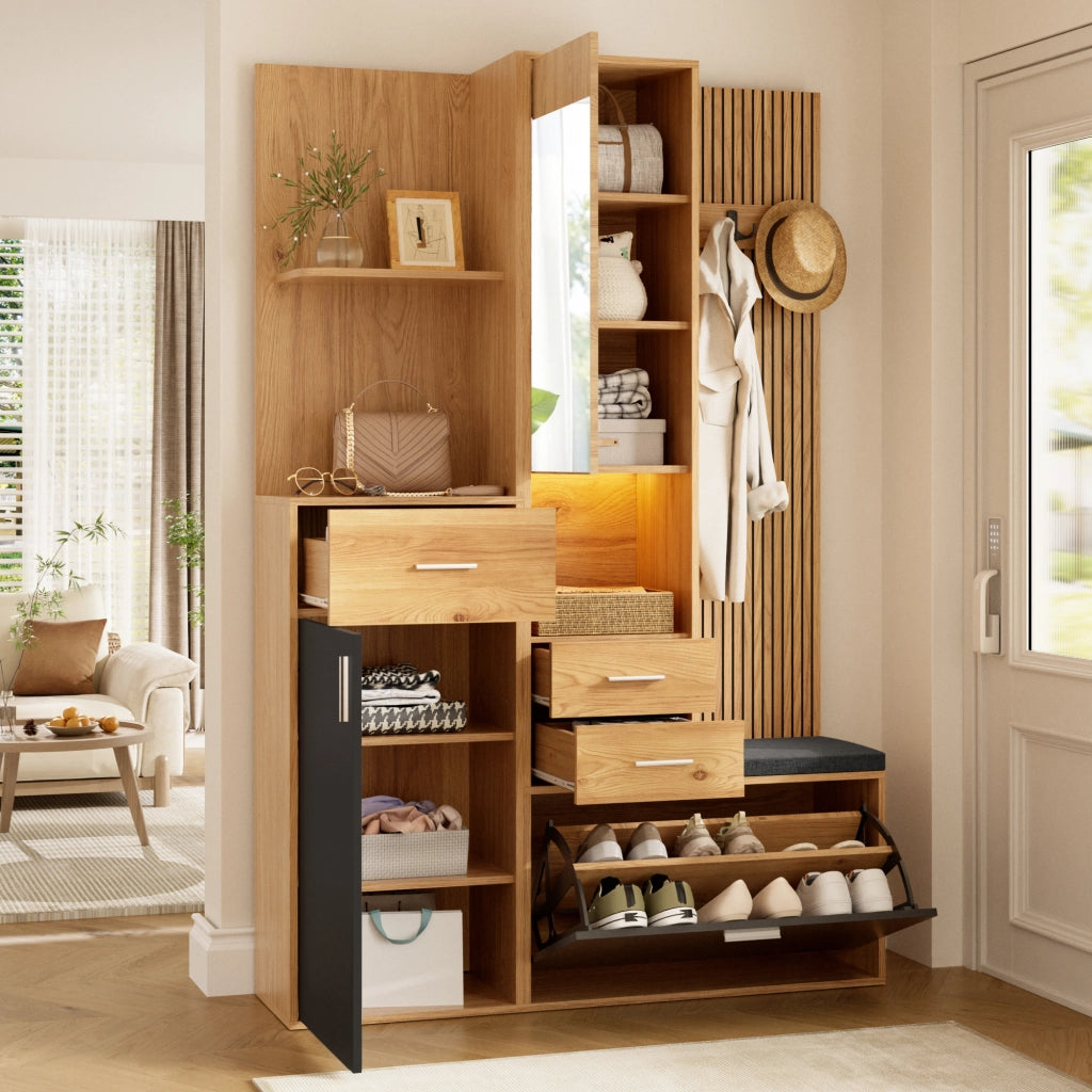 Mobile ingresso con specchio, scarpiera a ribalta, cassetti e seduta, per ingresso, nero naturale, 120 × 32 × 178 cm