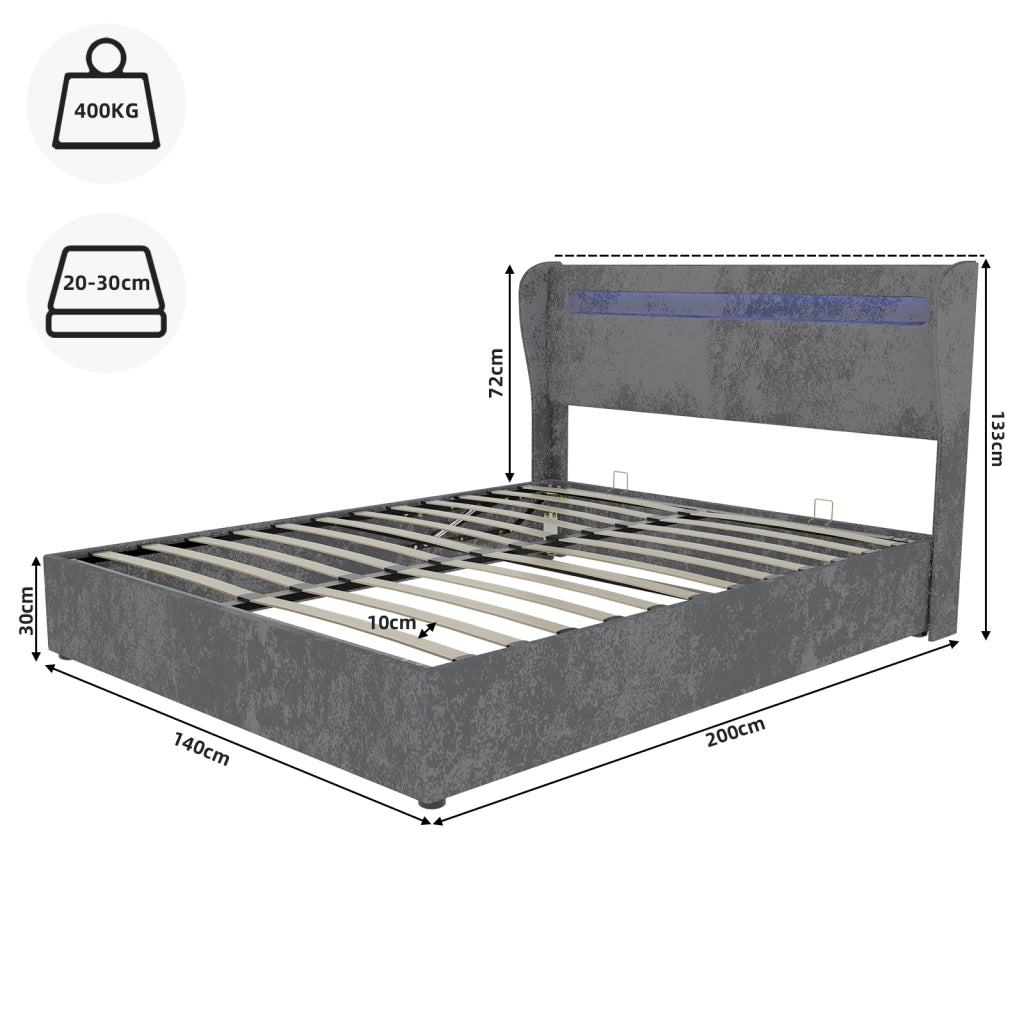 Letto Basso 140x200 cm; LED Regolabile e Schienale Regolabile - in Tessuto e Metallo - Grigio