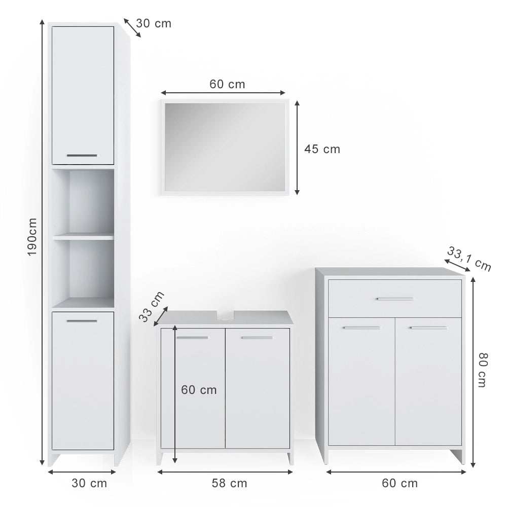 Vicco Set mobili bagno Bianco 4 parti, con armadio alto e cassettiera