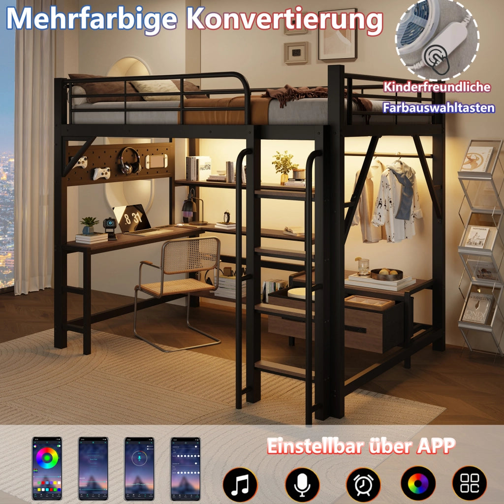 Letto a soppalco 140 x 200 cm con scrivania, LED e USB nero