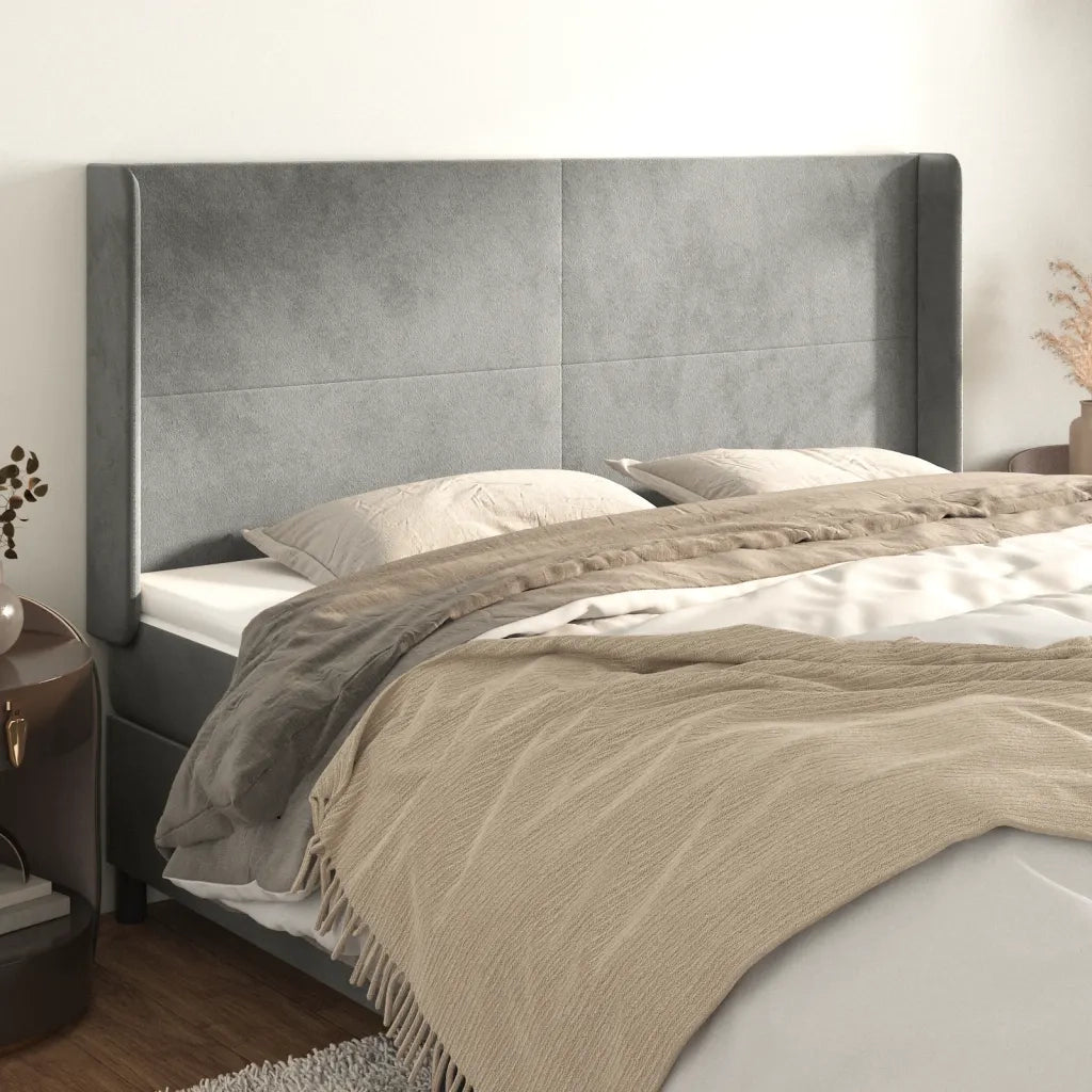 Testiera ad Orecchio-Testata con Orecchie Grigio Chiaro 183x16x118/128 cm in Velluto 218645