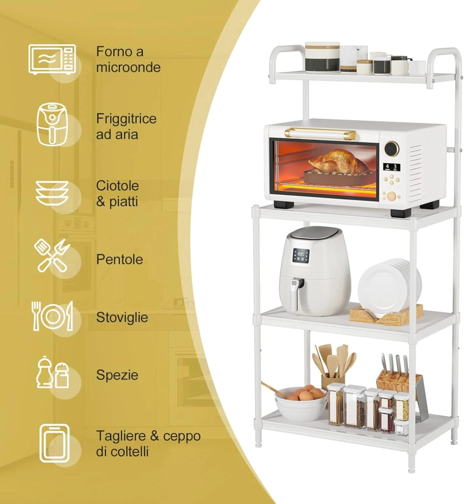 Microonde Scaffale da Cucina per Microonde in Metallo a 4 Ripiani, Carrello per Microonde Scaffalatura Organizzatore Portaoggetti, 60 x 34 x 136 cm (Bianco)