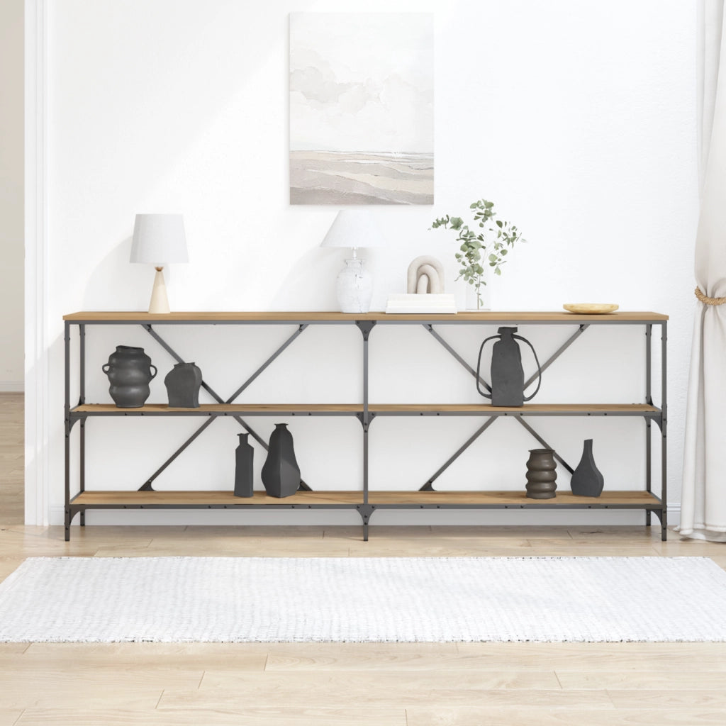 Tavolo Consolle In Rovere Artigianale 200x30x75 cm Legno Ingegnerizzato e Acciaio