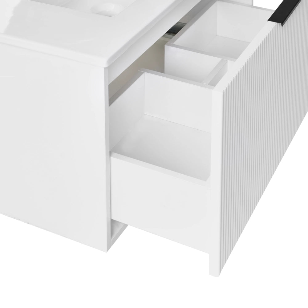 Mobiletto a muro con lavabo in legno massiccio Bianco con maniglia nera per il bagno 80 cm stile moderno
