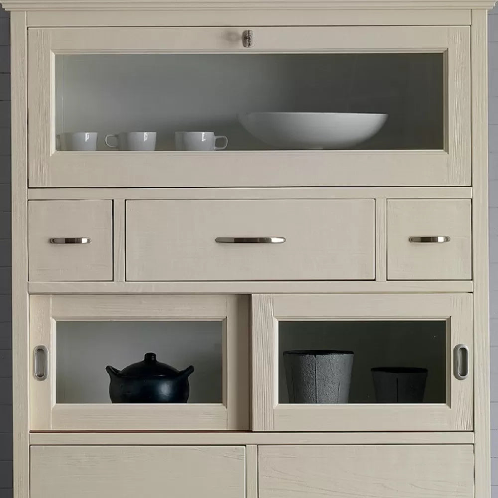 Dispensa shabby in legno massello 3 ribalte 5 cassetti avorio opaco l.110 p.45 h.140 - Mobili 2G