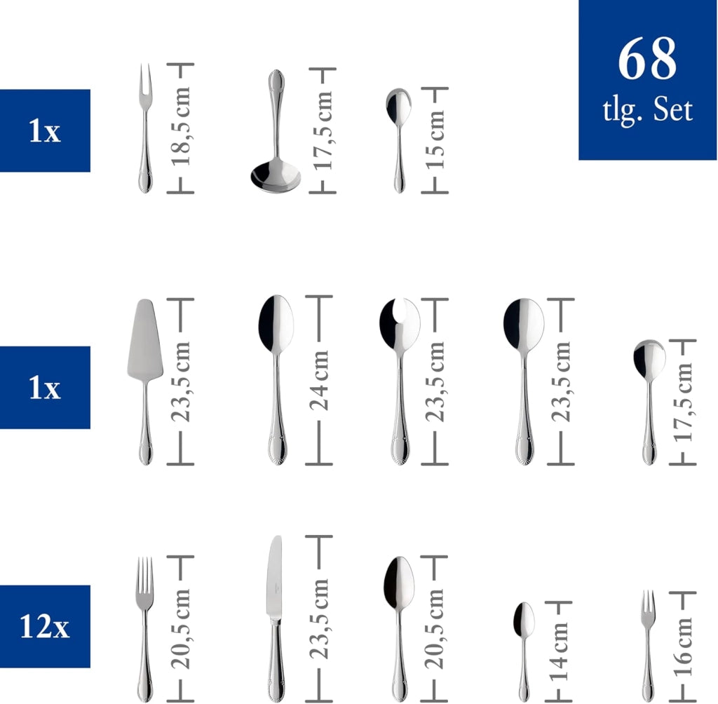 Villeroy & Boch - Mademoiselle Set di Posate 68 Pezzi Argento, Lavabile in Lavastoviglie, 12 Persone Platino, Forchette, Coltelli, Cucchiaio, Acciaio Inossidabile