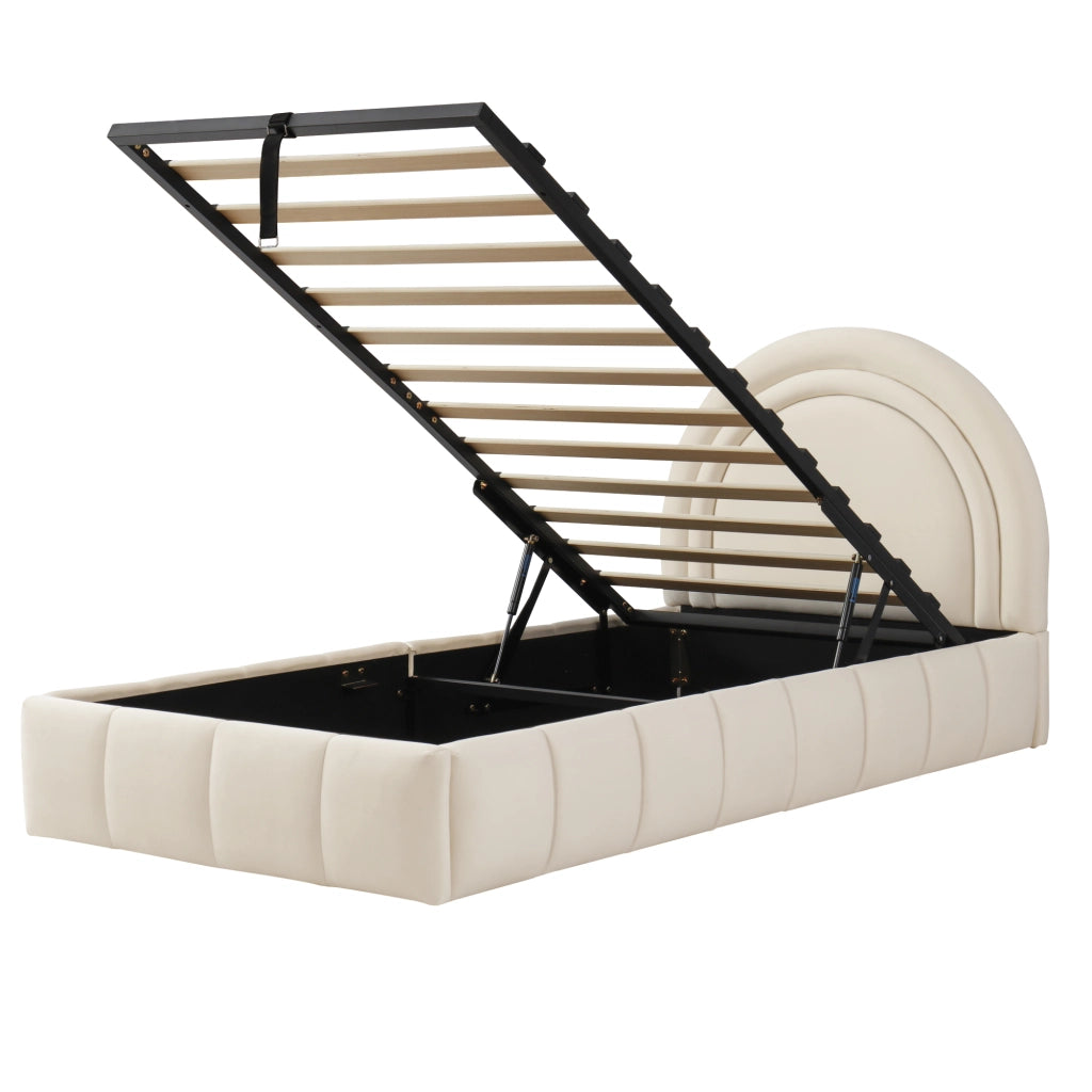 Letto imbottito per bambini 90x200 cm con rete a doghe, contenitore salvaspazio, velluto beige