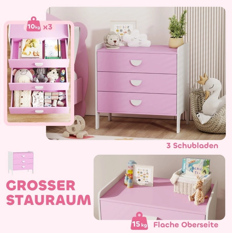 Cassettiera per bambini rosa e bianca con 3 cassetti