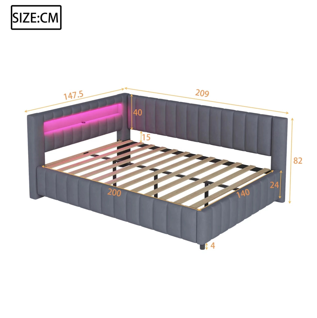 Divano letto imbottito a L 140x200 in velluto con LED e USB Grigio