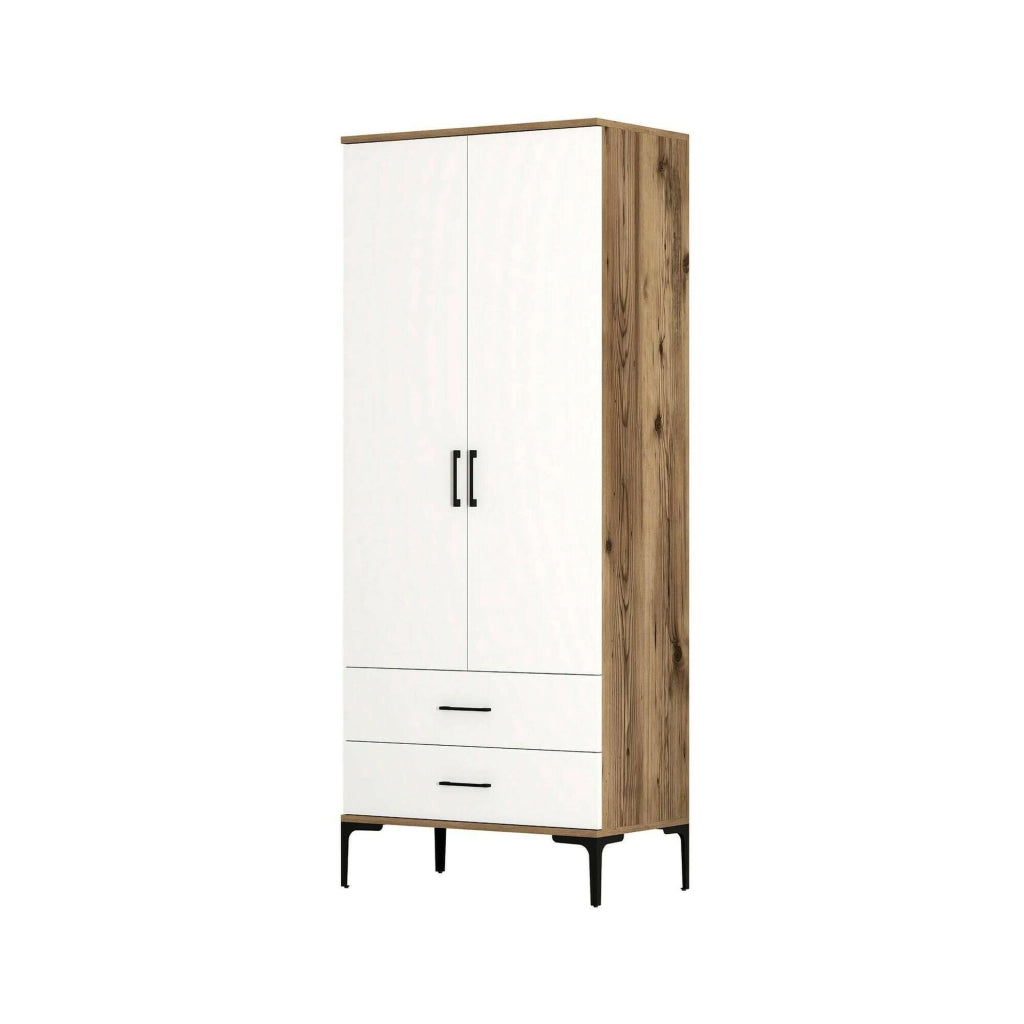 Guardaroba 2 ante Doriana, Mobile camera da letto, Cabina armadio portabiti, Armadio appendiabiti, 80x201h48 cm, Noce e Bianco