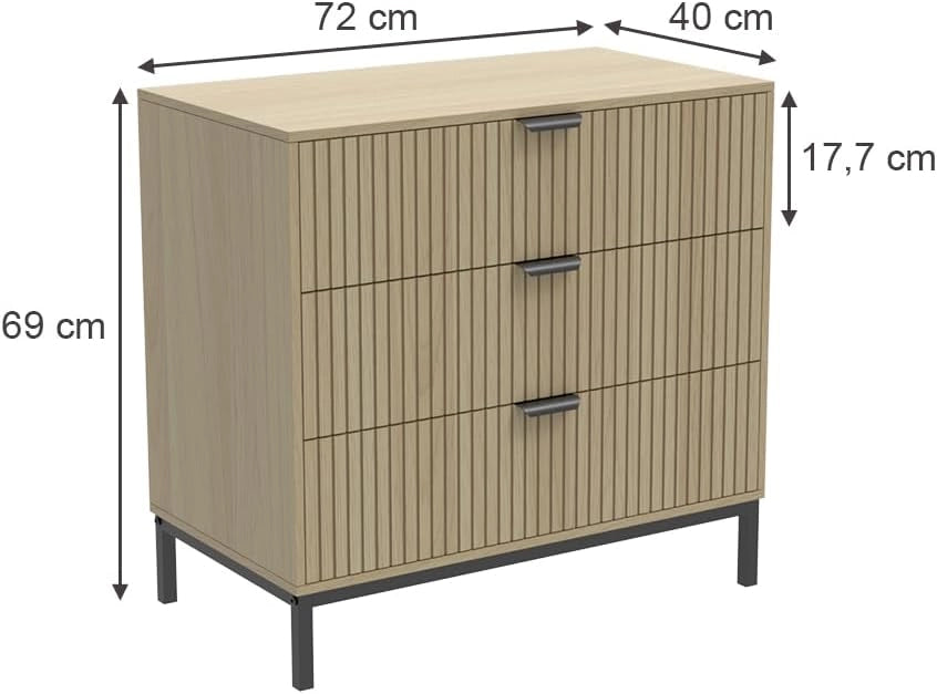 Cassettiera Lennox, Rovere, 72 x 69 cm con 3 cassetti, adatto per riporre riviste e telecomandi