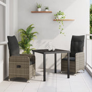 Set da pranzo da giardino di 3 pezzi con cuscini in polyrattan grigio