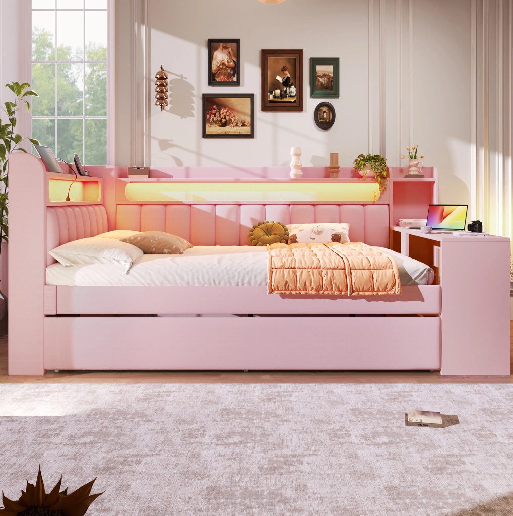 Letto imbottito 140x200 cm con LED; USB; letto estraibile e scrivania in lino rosa