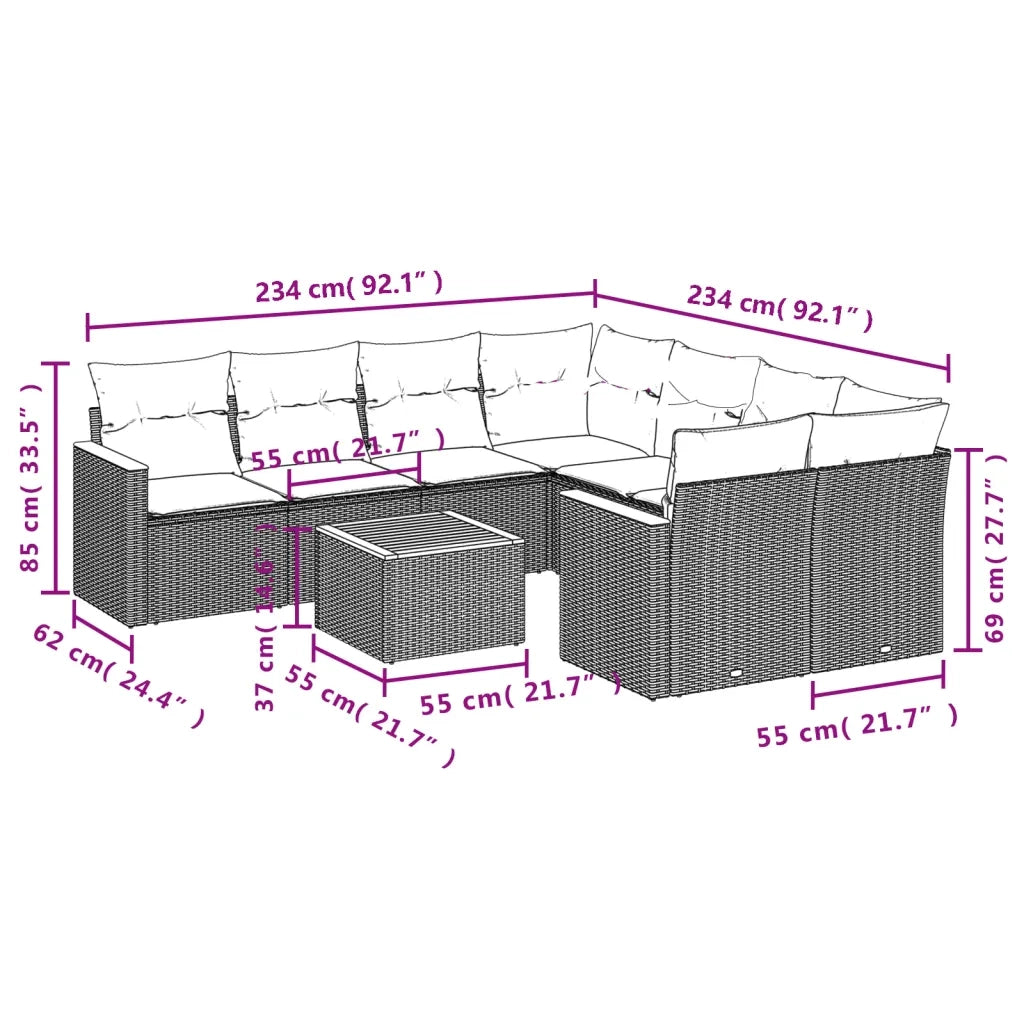 Set Divani da Giardino 9 pz con Cuscini Nero in Polyrattan