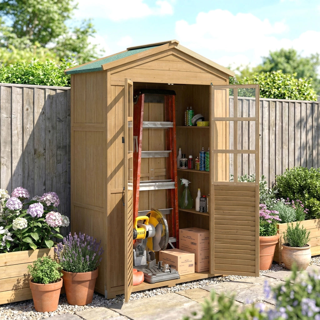 Armadio da Giardino Box Porta Attrezzi 128x57,5x197 cm con Finestre Trasparenti in Legno Marrone Chiaro
