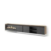 Mobile TV Soggiorno, 315x50x35 cm, Per TV fino a 80", Camino elettrico XXL, Sospeso, da appendere, LED, Nero e rovere