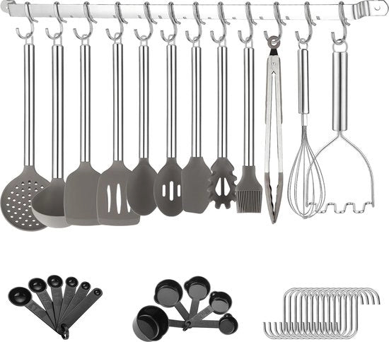 Set di accessori da cucina, 38 pezzi in silicone con contenitore per posate, set di cucchiai e spatole, ausilio per la cucina con rivestimento antitartamento, idoneo per lavastoviglie