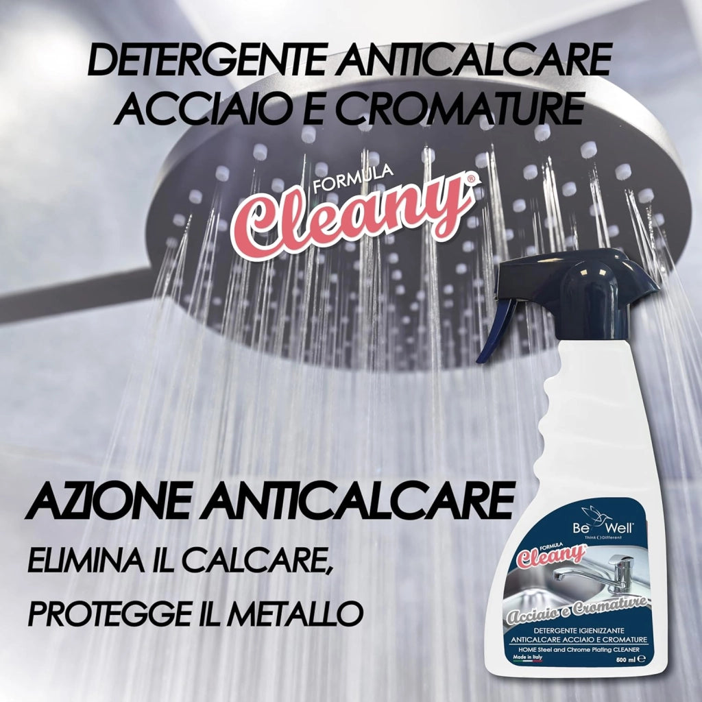 CLEANY Igienizzante Anticalcare Super Sgrassante per Acciaio e Cromature – Detergente Professionale Spray da 500 ml – Elimina Grasso e Incrostazioni, Brillantezza Immediata – Made in Italy