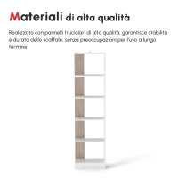 Scaffale Libreria a Parete in Legno Color Rovere e Bianco con 5 Ripiani, Antiribaltamento, 45 x 21 x 170cm