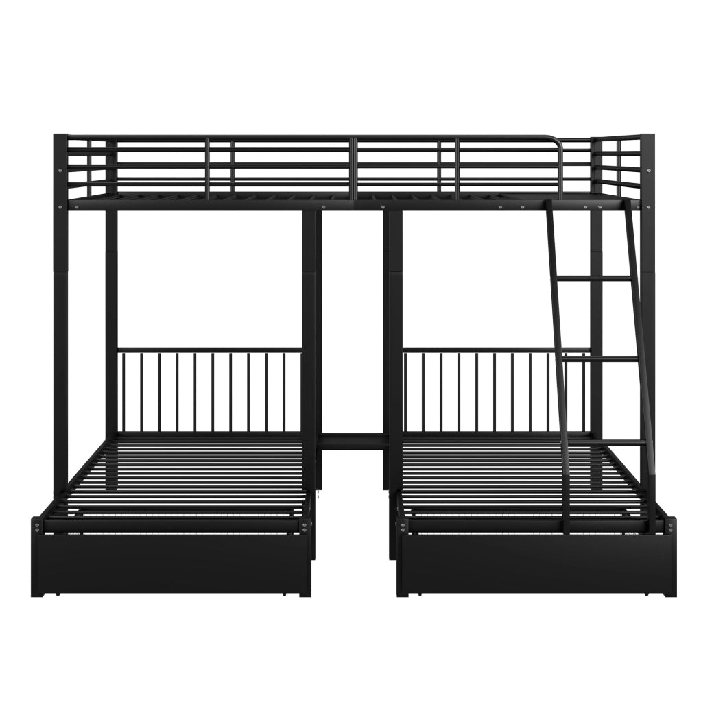 Letto a castello triplo in metallo 140x200 e 2x90x200 nero con 2 cassetti